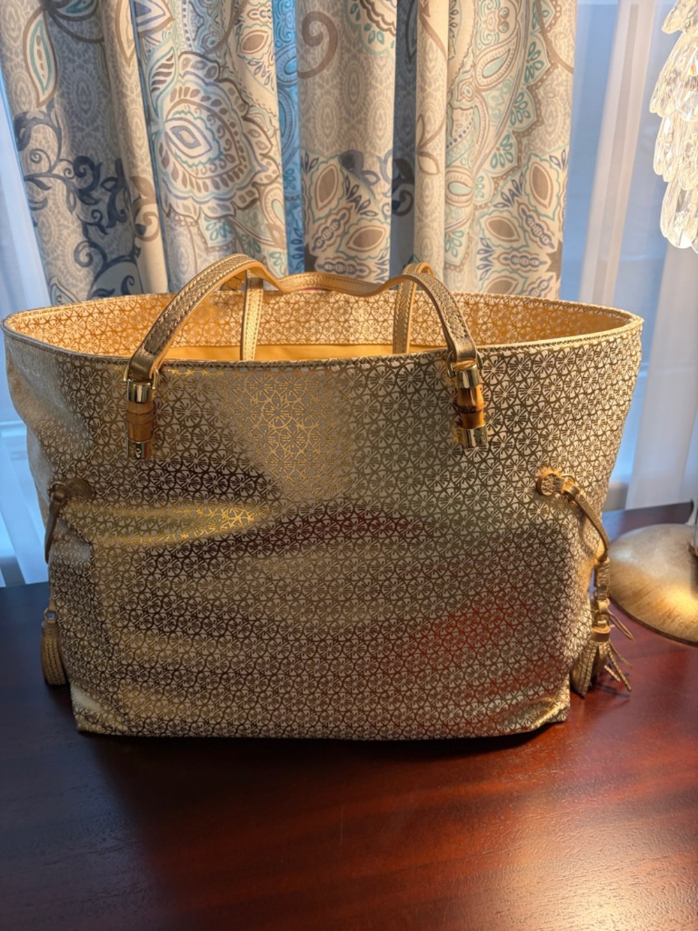 Lilly Pulitzer Gold Tote with Pink and Navy Center Stripe - Picture 5 of 6